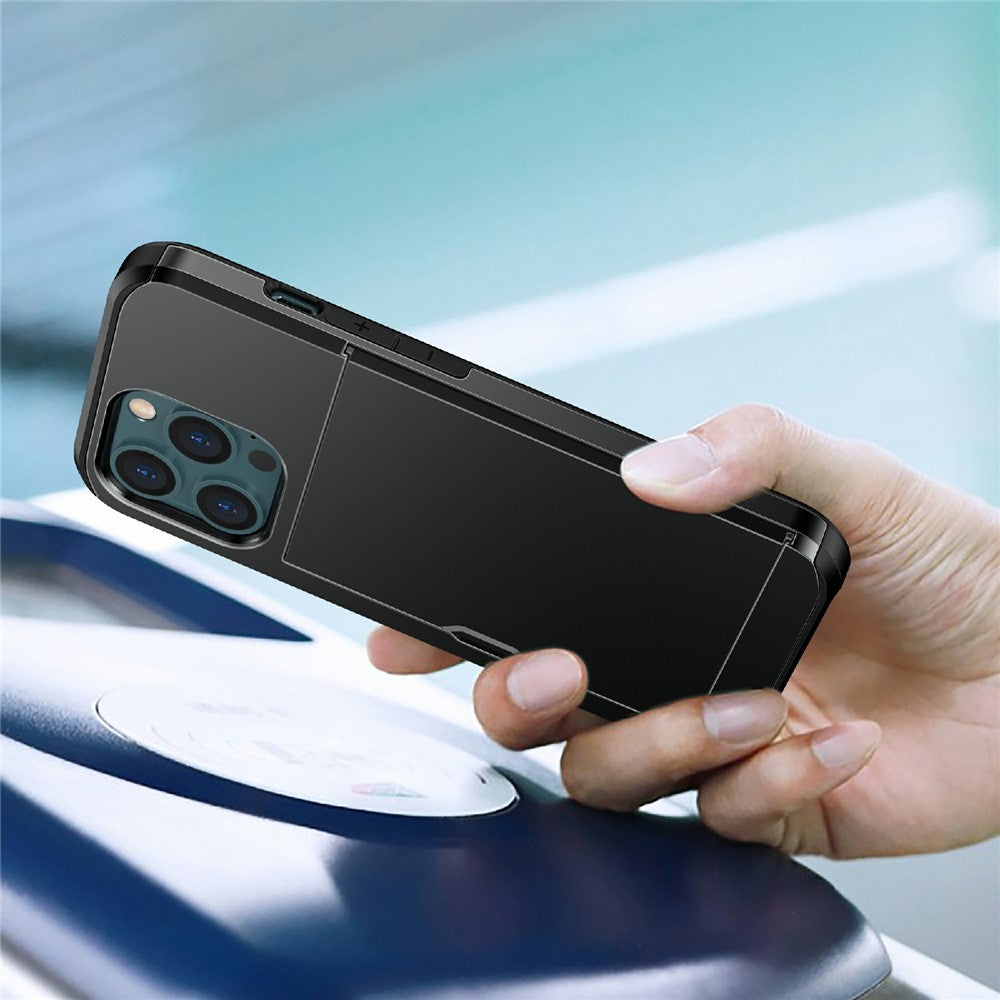 Good Protective Scratch-proof Slide Card Holder PC + TPU Hybrid Back Phone Case for iPhone 13 6.1 inch