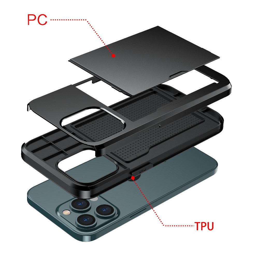 Good Protective Scratch-proof Slide Card Holder PC + TPU Hybrid Back Phone Case for iPhone 13 6.1 inch