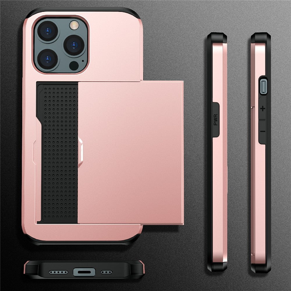 Good Protective Scratch-proof Slide Card Holder PC + TPU Hybrid Back Phone Case for iPhone 13 6.1 inch