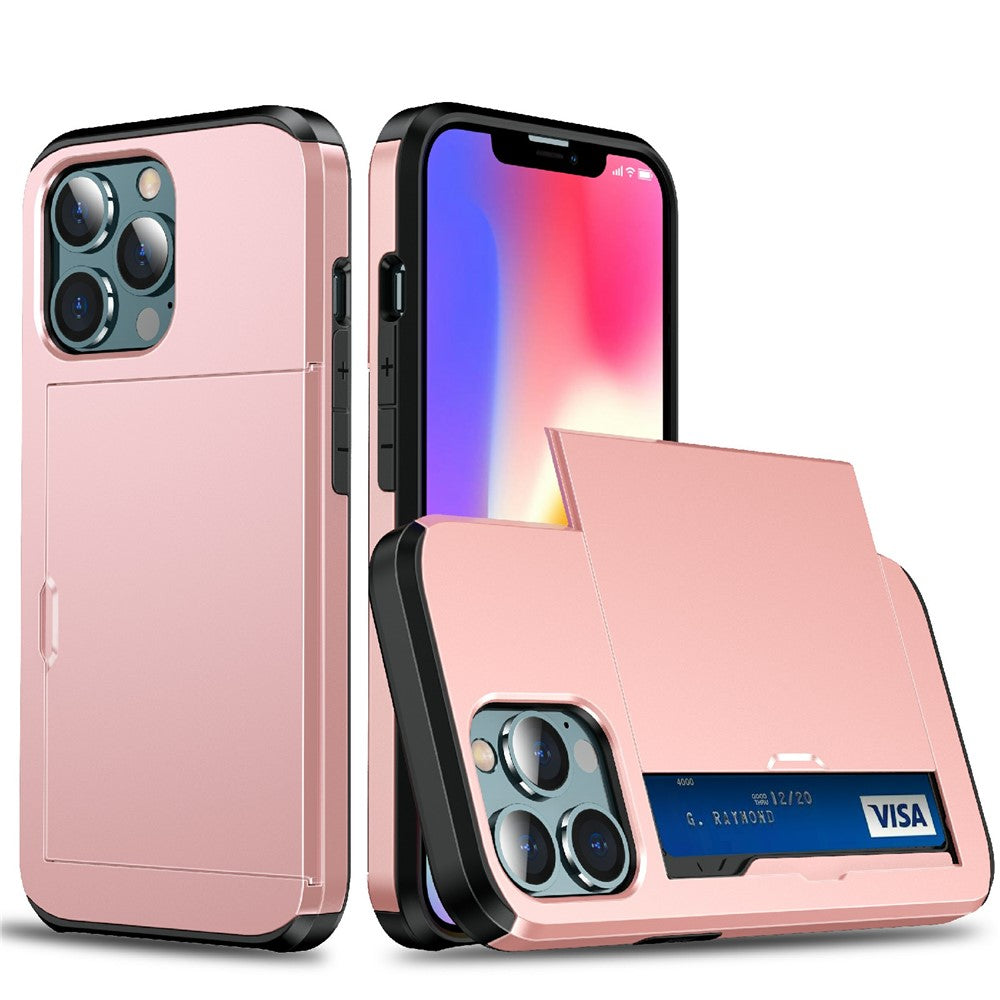 Good Protective Scratch-proof Slide Card Holder PC + TPU Hybrid Back Phone Case for iPhone 13 6.1 inch