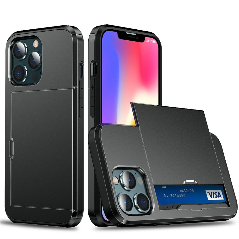 Good Protective Scratch-proof Slide Card Holder PC + TPU Hybrid Back Phone Case for iPhone 13 6.1 inch