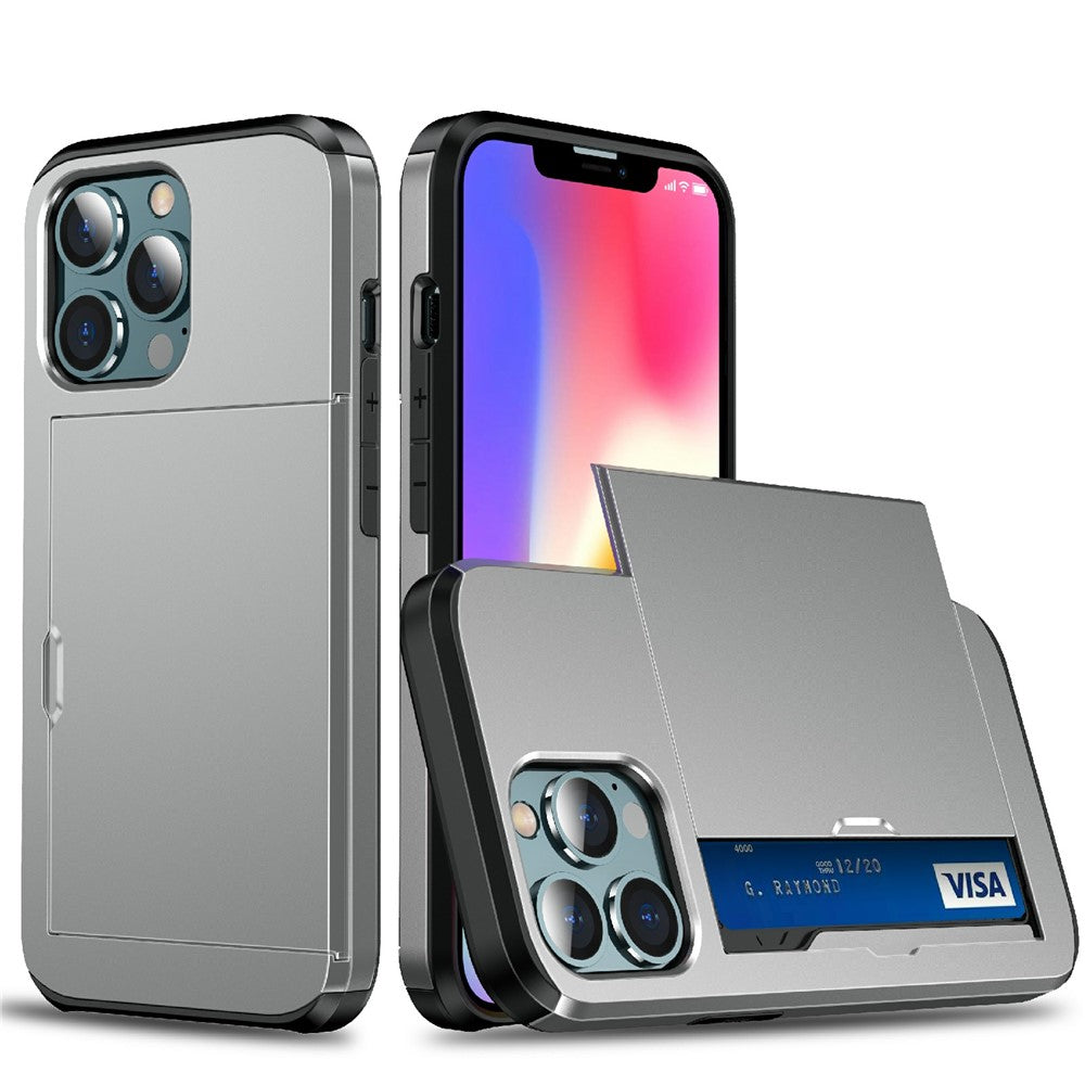 Good Protective Scratch-proof Slide Card Holder PC + TPU Hybrid Back Phone Case for iPhone 13 6.1 inch