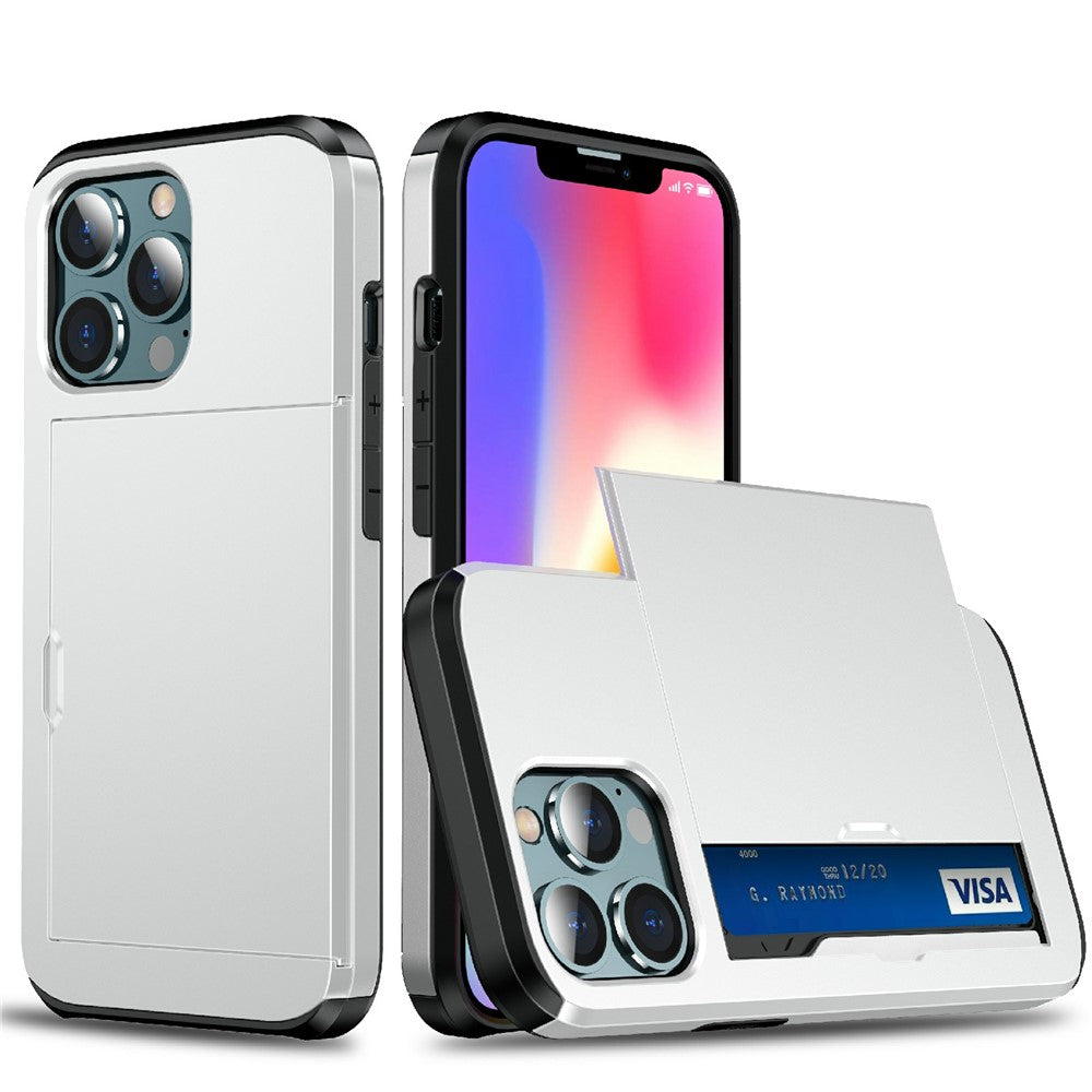 Good Protective Scratch-proof Slide Card Holder PC + TPU Hybrid Back Phone Case for iPhone 13 6.1 inch