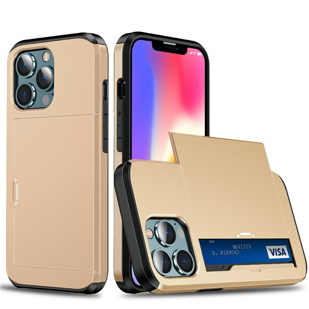 Good Protective Scratch-proof Slide Card Holder PC + TPU Hybrid Back Phone Case for iPhone 13 6.1 inch
