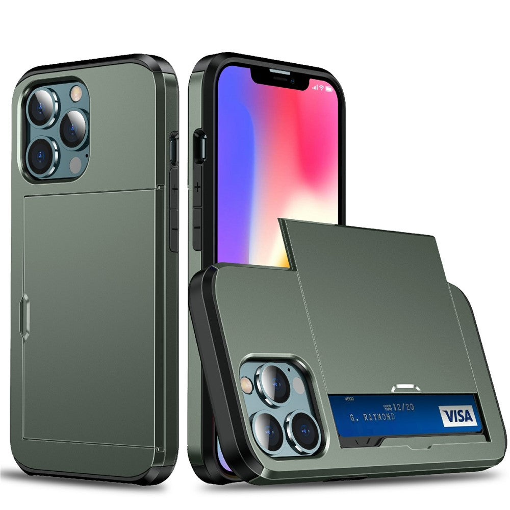 Good Protective Scratch-proof Slide Card Holder PC + TPU Hybrid Back Phone Case for iPhone 13 6.1 inch
