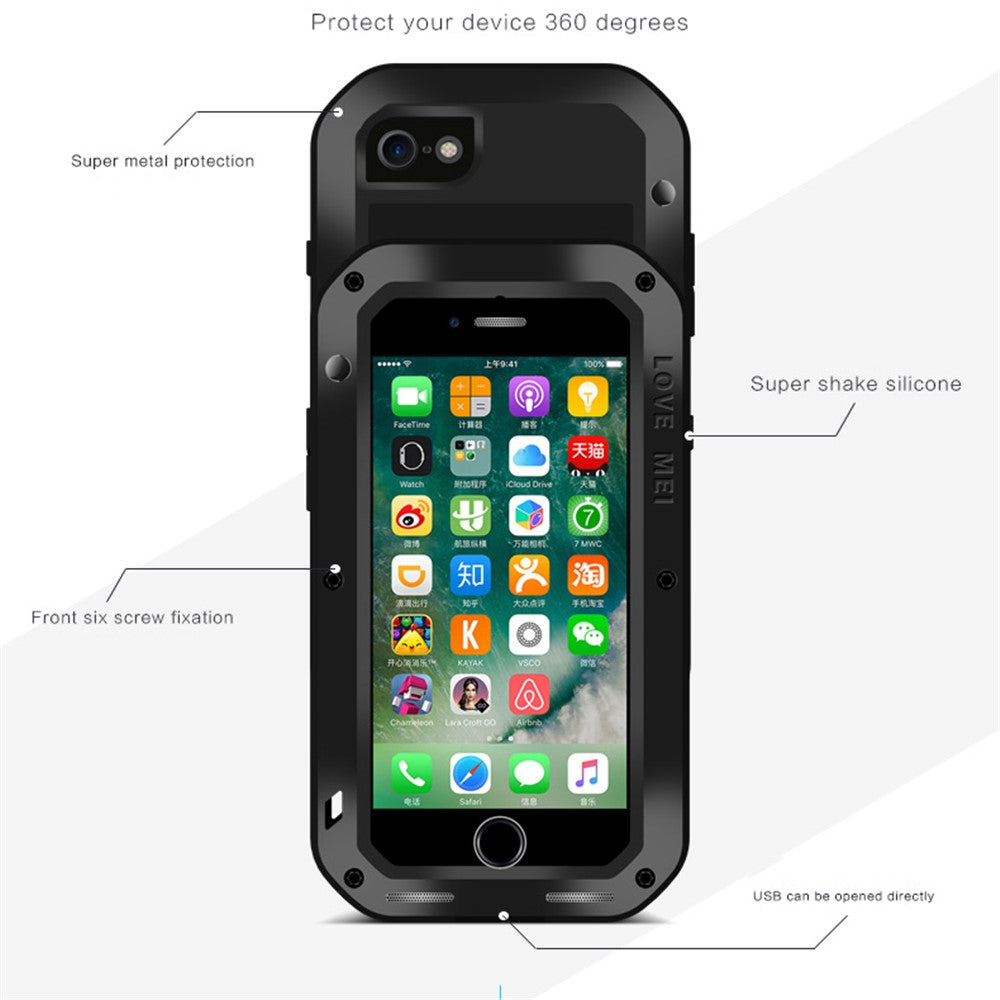 LOVE MEI Shockproof Metal+Silicone Phone Case with Temepered Glass Film for iPhone SE (2020) / SE (2022) / 8 / 7 4.7 inch