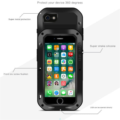 LOVE MEI Shockproof Metal+Silicone Phone Case with Temepered Glass Film for iPhone SE (2020) / SE (2022) / 8 / 7 4.7 inch