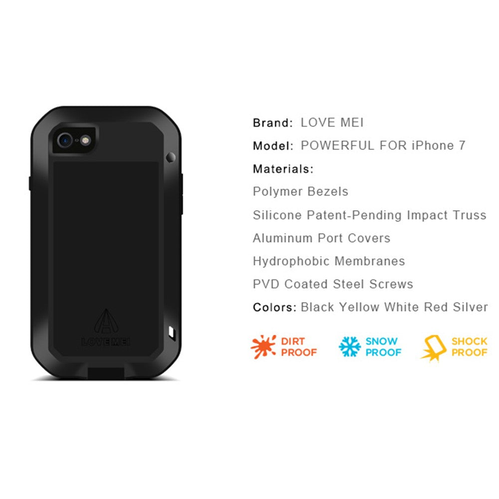 LOVE MEI Shockproof Metal+Silicone Phone Case with Temepered Glass Film for iPhone SE (2020) / SE (2022) / 8 / 7 4.7 inch