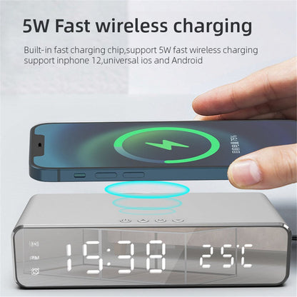 HYY-WX03 Multifunctional Desktop LED Digital Display Alarm Clock Mirror Surface Thermometer with Wireless Charger Function