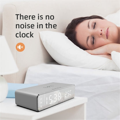 HYY-WX03 Multifunctional Desktop LED Digital Display Alarm Clock Mirror Surface Thermometer with Wireless Charger Function