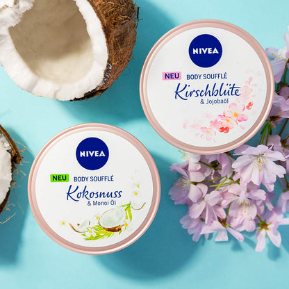 NIVEA Body Soufflé Kokosnuss & Monoi Öl (200 Ml), Körperpflege Für 24H Feuchtigkeit, Lotion Für Trockene Und Sehr Trockene Haut