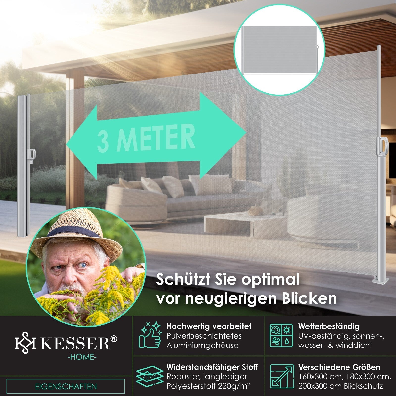 KESSER® Alu Seitenmarkise Ausziehbar Markise Wind Sonne Sicht Schutz Seitenrollo