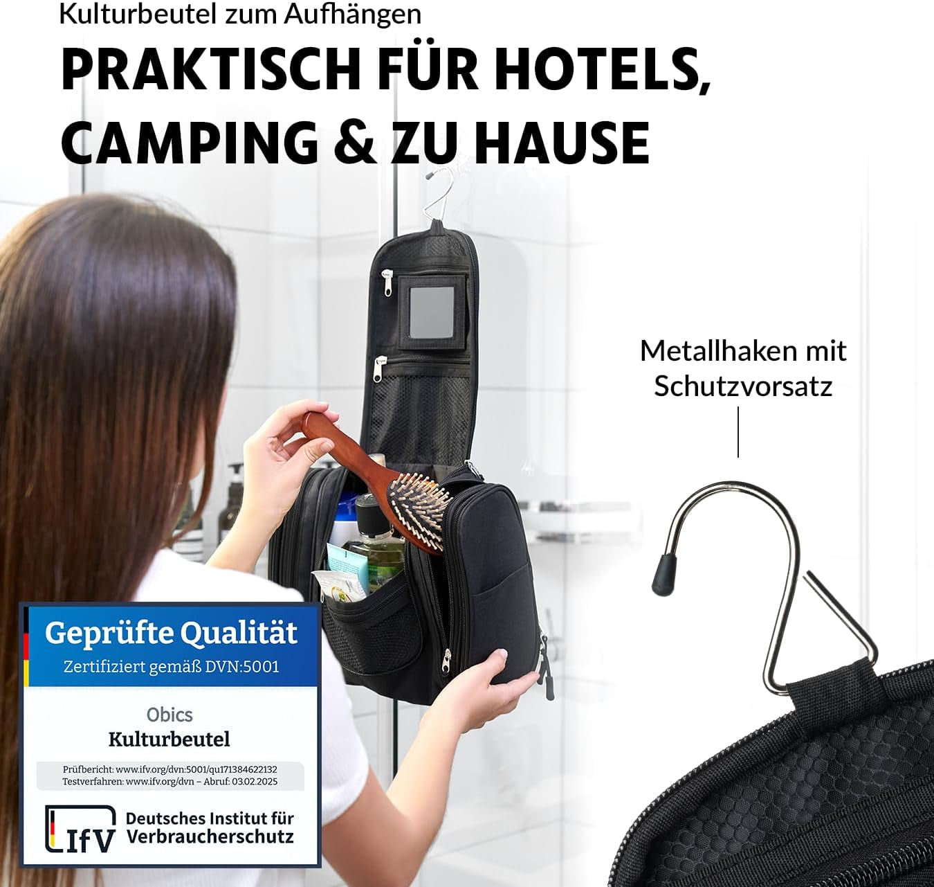 Obics Kulturbeutel Damen & Herren Groß 8L XL - Kulturtasche Zum Aufhängen, Mit Spiegel & Reise-Tasche - Outdoor Kosmetik-Tasche Groß Als Geschenke-Set Mit 10 Fächer Für Camping & Reisen, Schwarz
