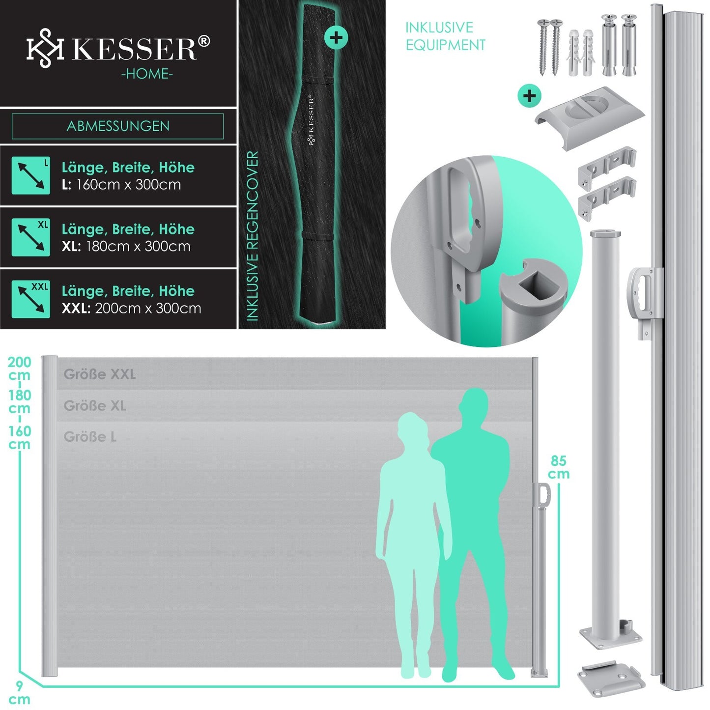 KESSER® Alu Seitenmarkise Ausziehbar Markise Wind Sonne Sicht Schutz Seitenrollo