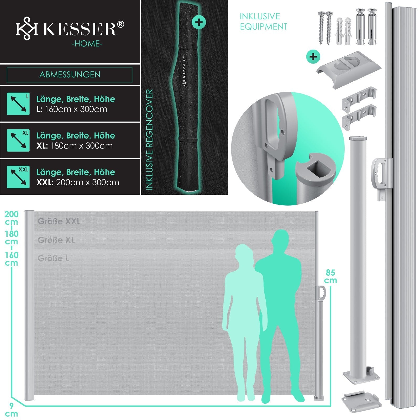 KESSER® Alu Seitenmarkise Ausziehbar Markise Wind Sonne Sicht Schutz Seitenrollo