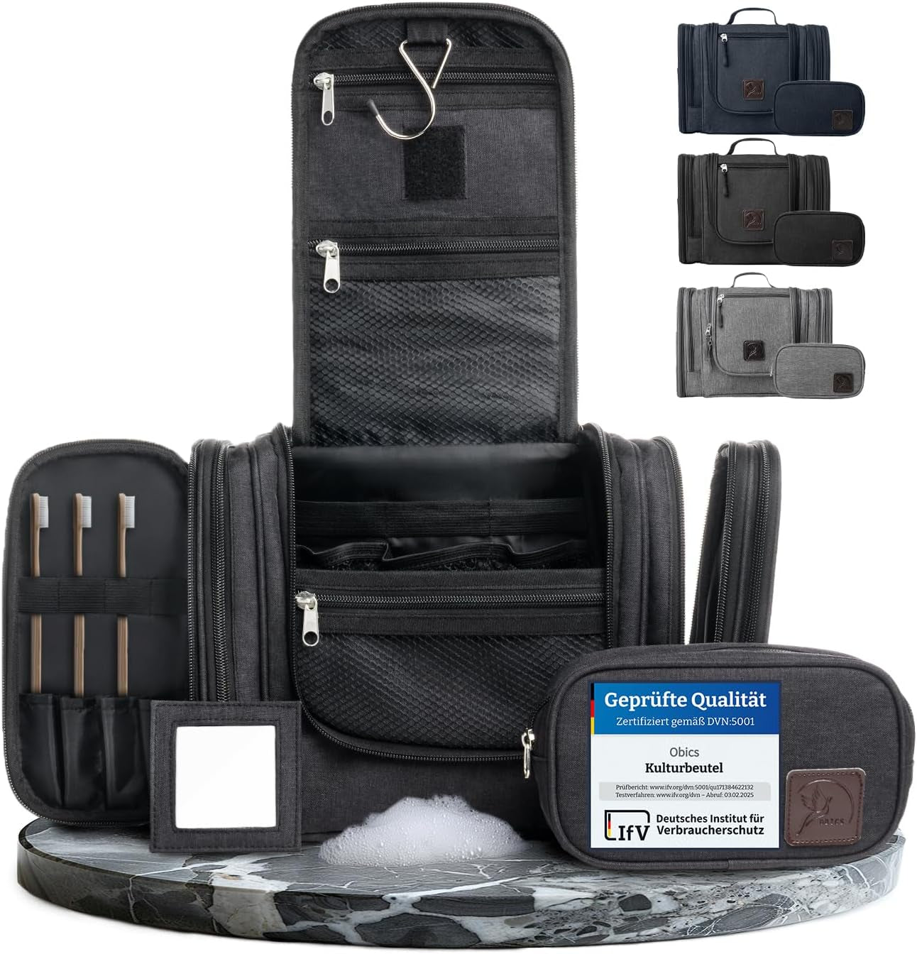 Obics Kulturbeutel Damen & Herren Groß 8L XL - Kulturtasche Zum Aufhängen, Mit Spiegel & Reise-Tasche - Outdoor Kosmetik-Tasche Groß Als Geschenke-Set Mit 10 Fächer Für Camping & Reisen, Schwarz