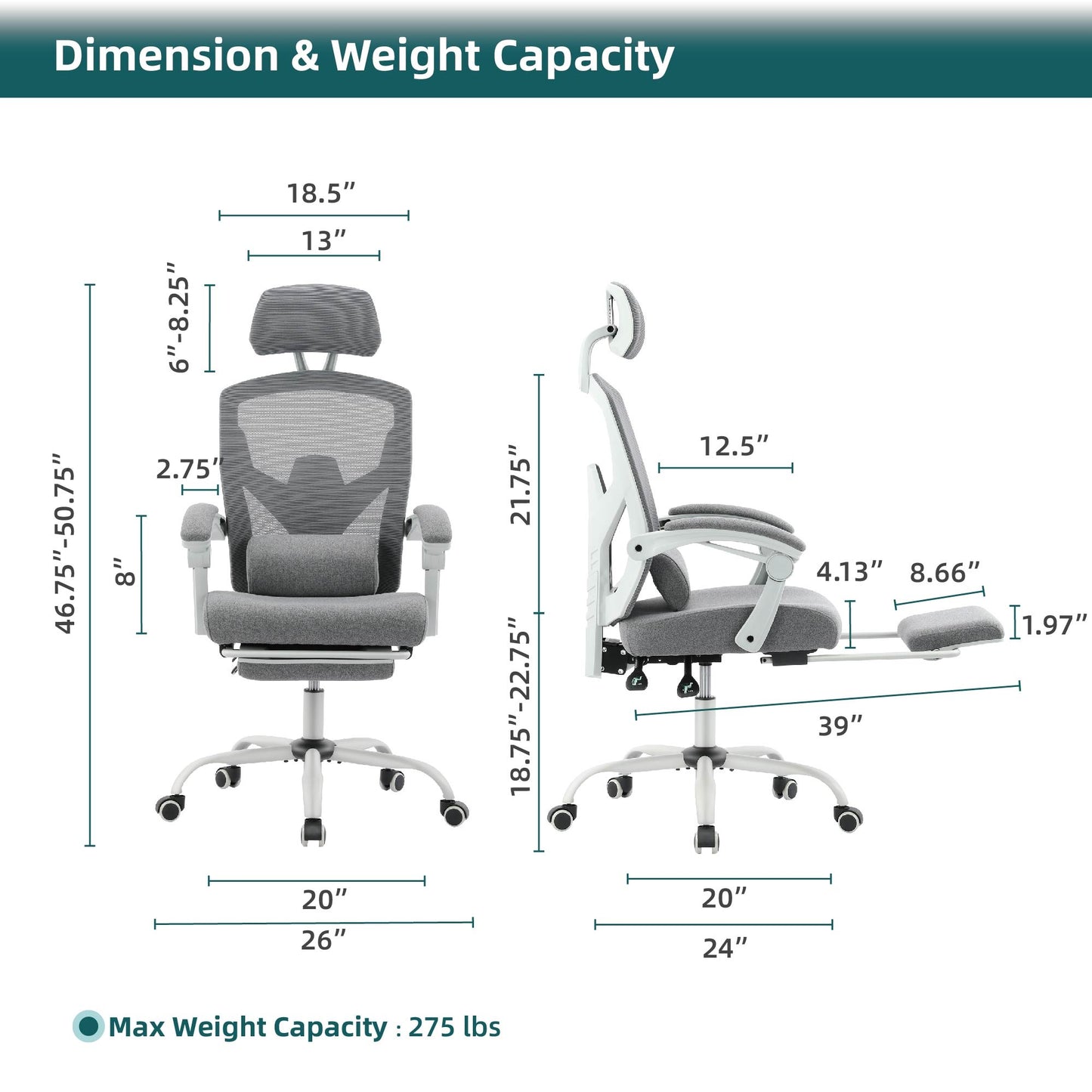 Ergonomischer Bürostuhl mit Fußstütze – Lendenkissen & gepolsterte Armlehnen
