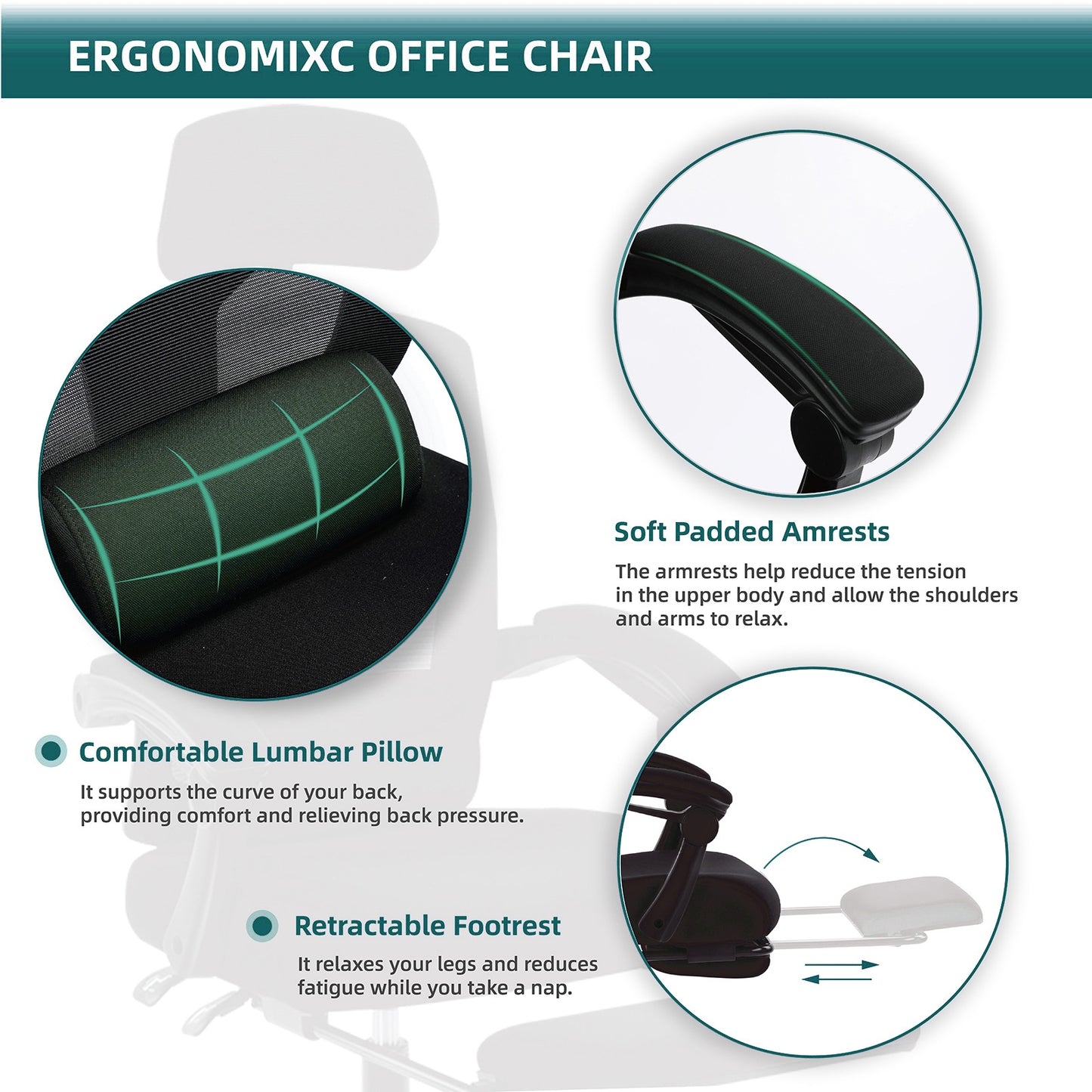Ergonomischer Bürostuhl mit Fußstütze – Lendenkissen & gepolsterte Armlehnen