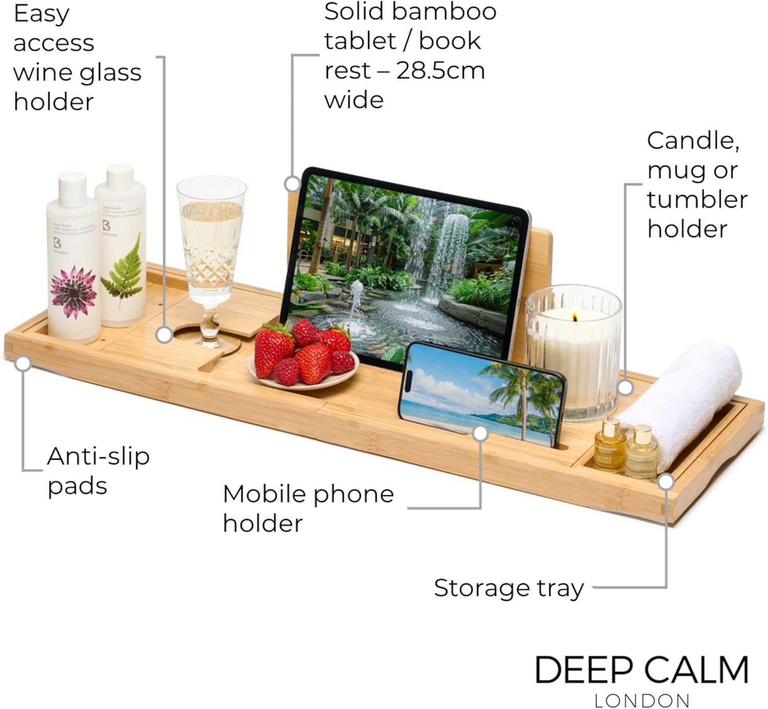 Badewannenablage - Verstellbares Bambus-Badewannenbrett - Rutschfeste Badewannenablage Passend Für Die Meisten Badewannen - Hält Buch, Ipad, Telefon, Glas, Kerze