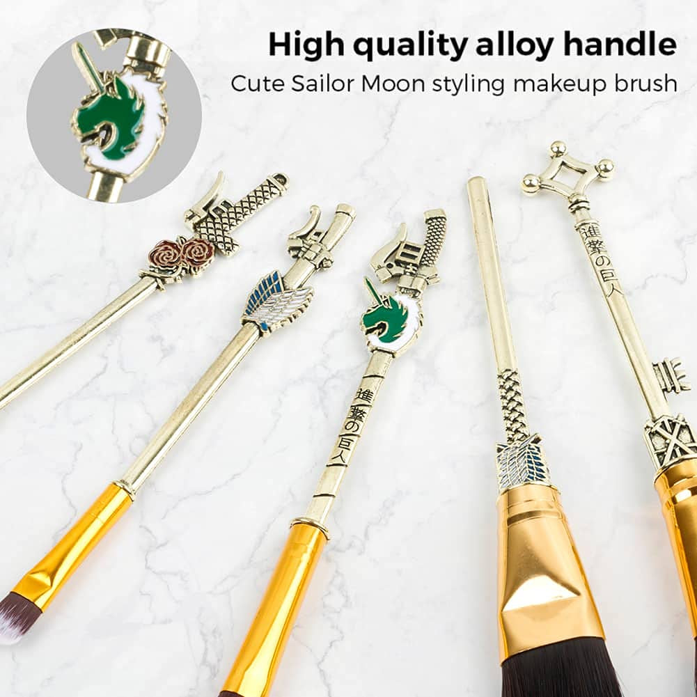Anime Make-Up Pinsel Geschenkset, Mit Spiegel, Kamm, Für Foundation-Rouge, Lidschatten, Gesichts-Concealer, Eyeliner-Kontur, Puder, Flüssige Augen Für Mädchen Und Frauen (Attack Deep Gold)