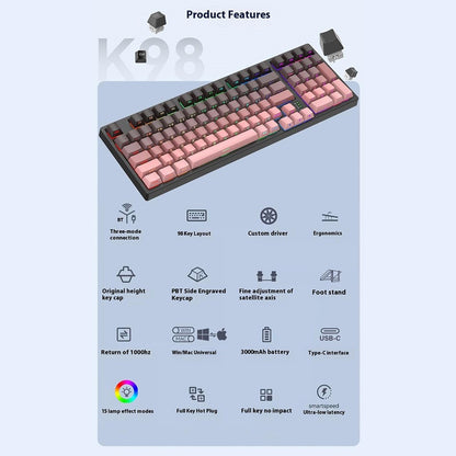 Y-FRUITFUL K98Pro 98 Keys Mechanical Keyboard Triple Mode Hot Swappable Gaming Keyboard with RGB Backlit