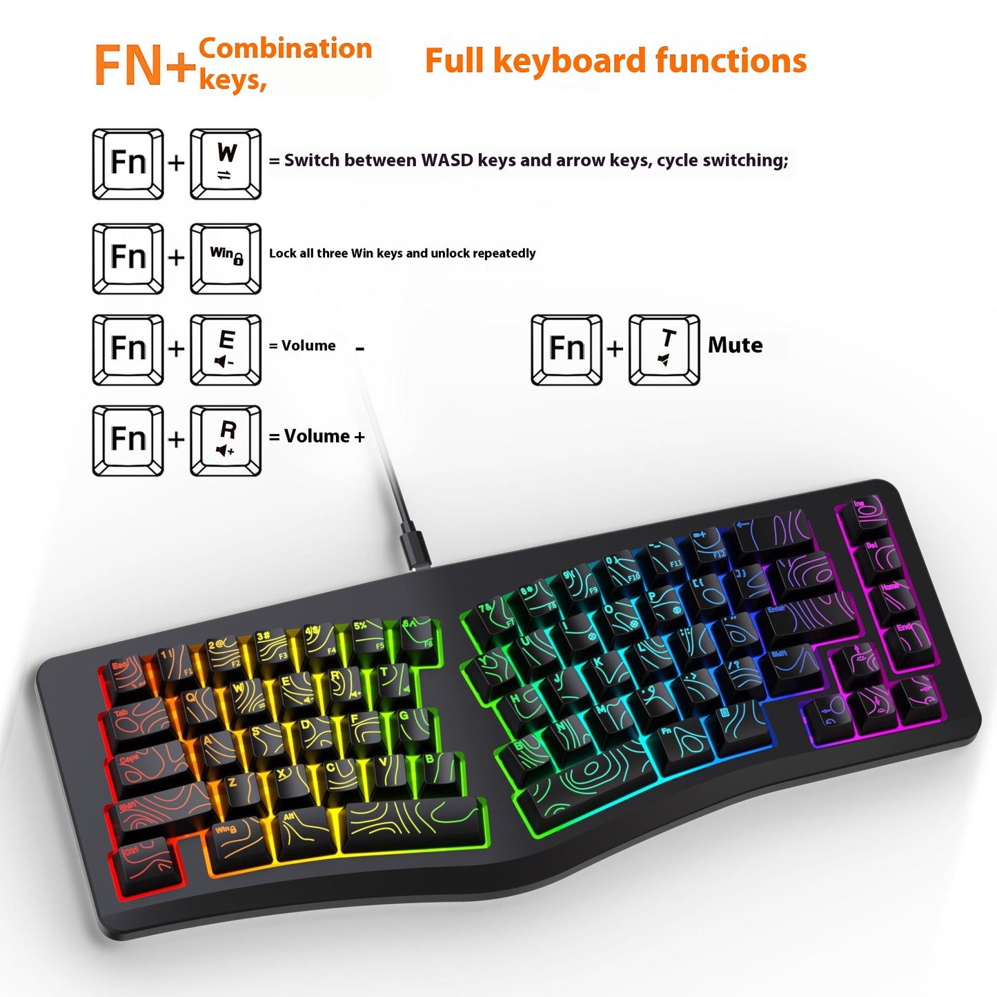 Y-FRUITFUL YF10 Ergonomic Gaming Keyboard 69-Key RGB Backlit Wired Membrane Keyboard for Office/Gaming