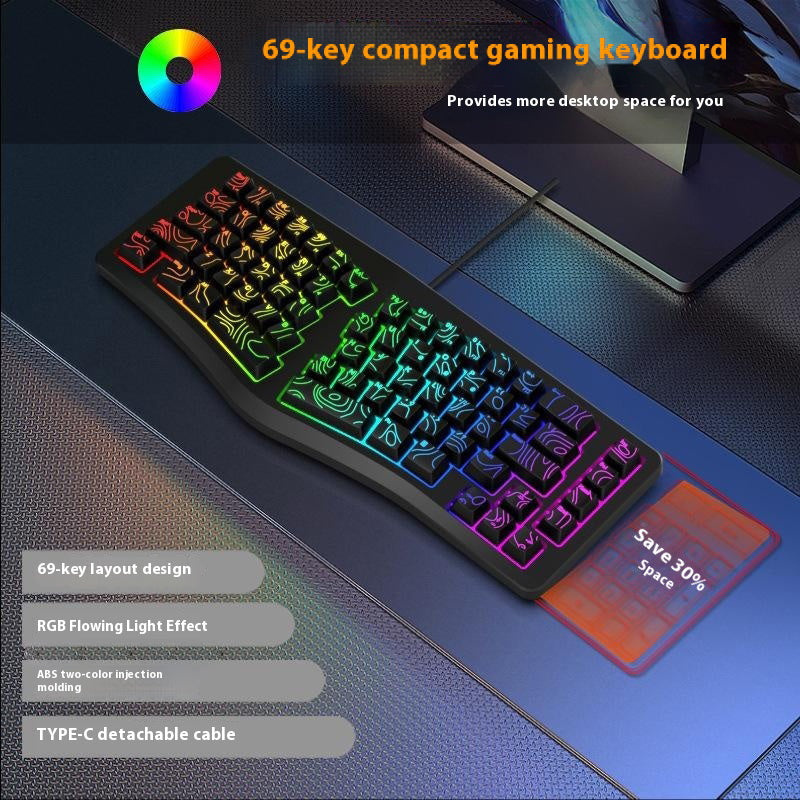 Y-FRUITFUL YF10 Ergonomic Gaming Keyboard 69-Key RGB Backlit Wired Membrane Keyboard for Office/Gaming