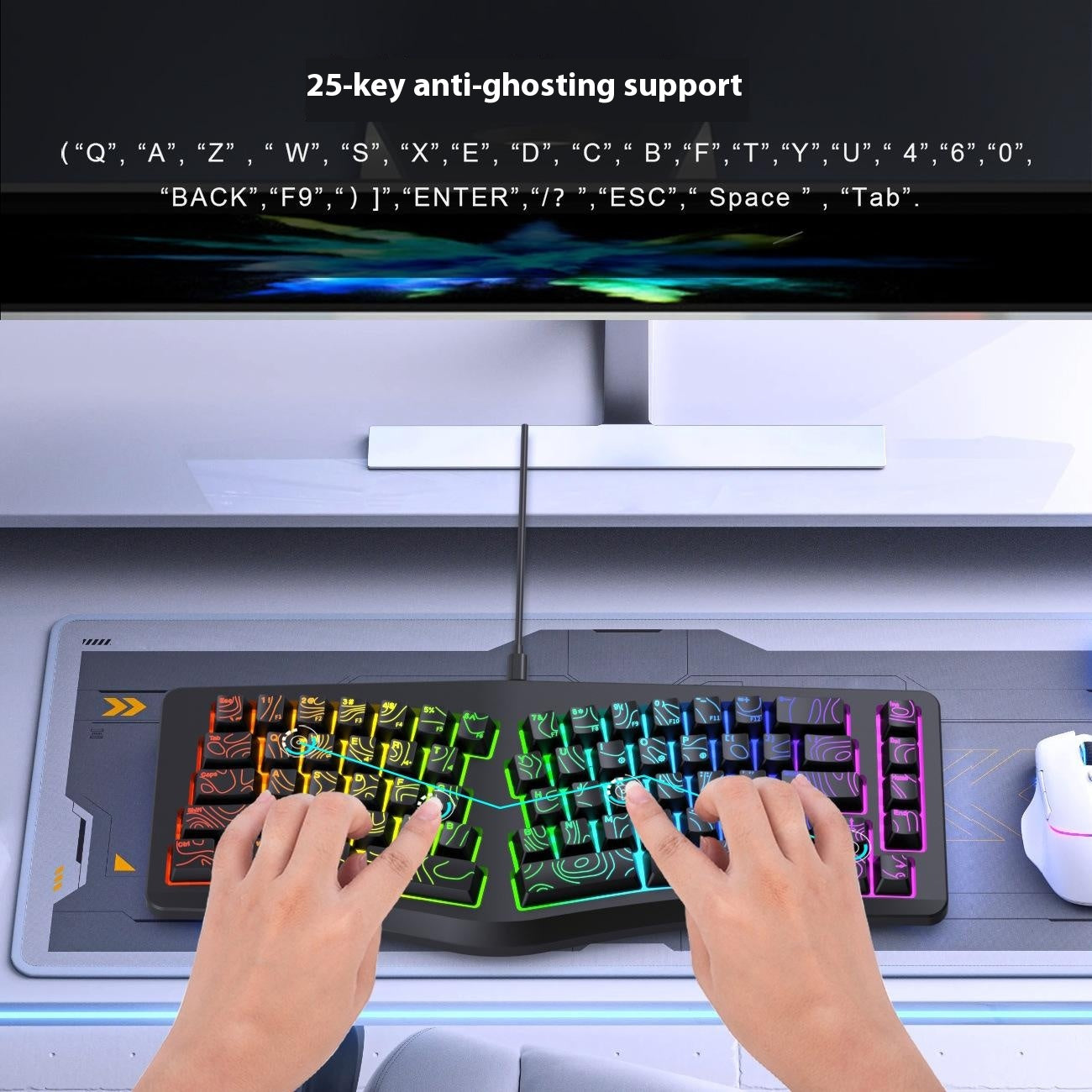 Y-FRUITFUL YF10 Ergonomic Gaming Keyboard 69-Key RGB Backlit Wired Membrane Keyboard for Office/Gaming