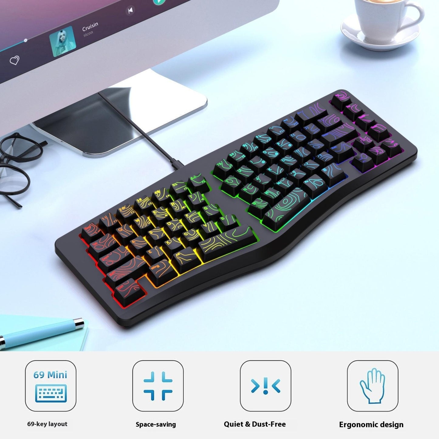 Y-FRUITFUL YF10 Ergonomic Gaming Keyboard 69-Key RGB Backlit Wired Membrane Keyboard for Office/Gaming