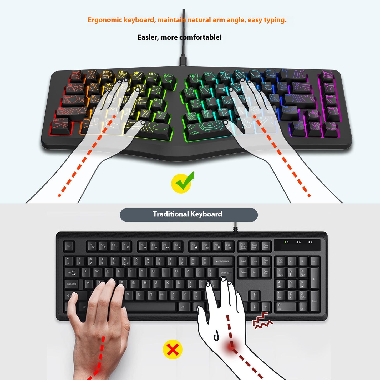 Y-FRUITFUL YF10 Ergonomic Gaming Keyboard 69-Key RGB Backlit Wired Membrane Keyboard for Office/Gaming