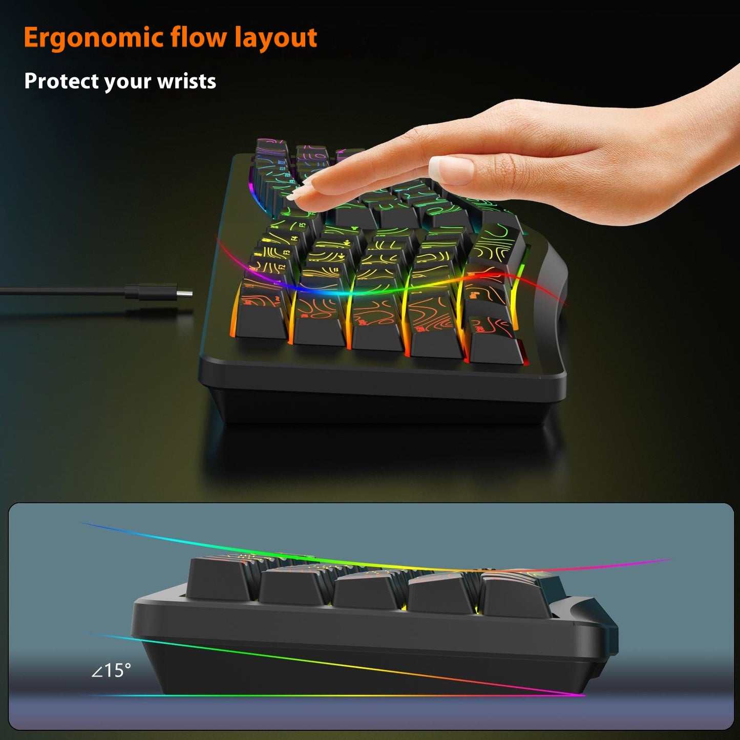 Y-FRUITFUL YF10 Ergonomic Gaming Keyboard 69-Key RGB Backlit Wired Membrane Keyboard for Office/Gaming
