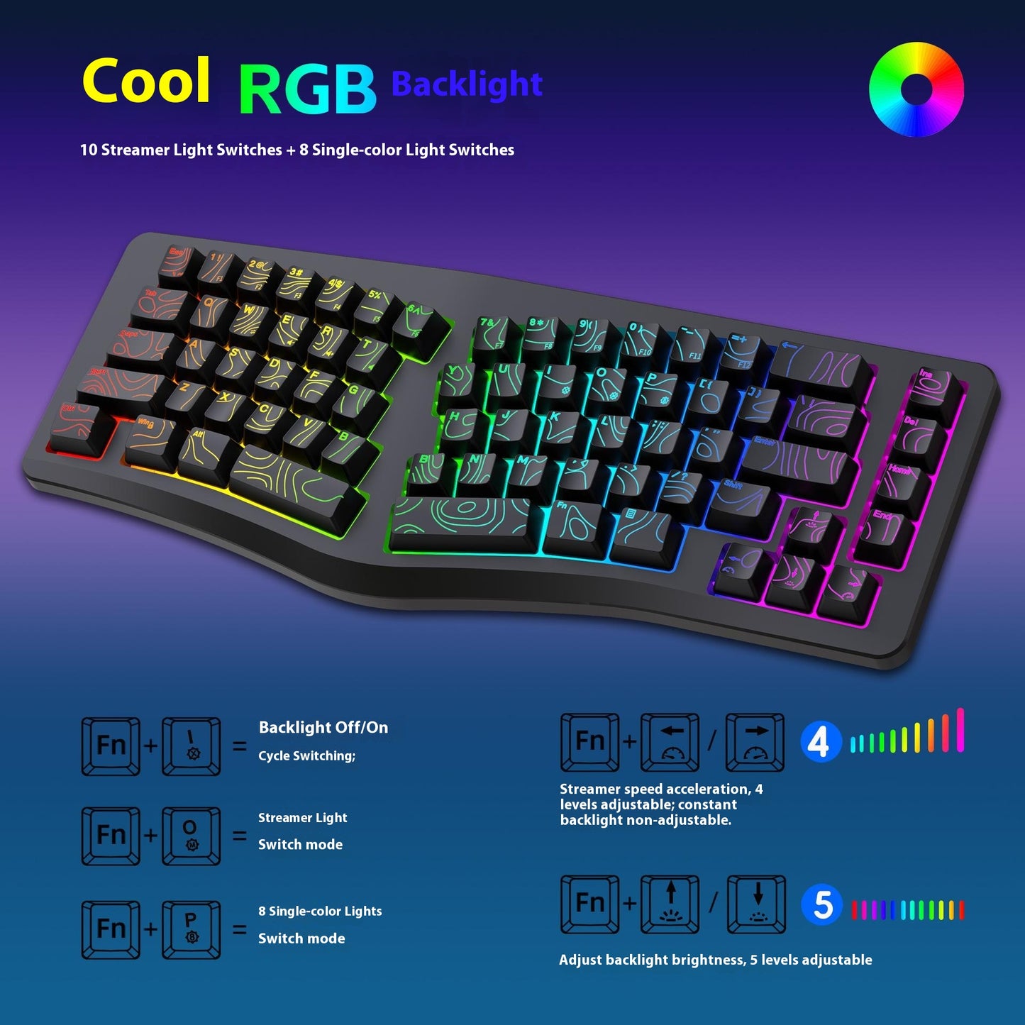 Y-FRUITFUL YF10 Ergonomic Gaming Keyboard 69-Key RGB Backlit Wired Membrane Keyboard for Office/Gaming