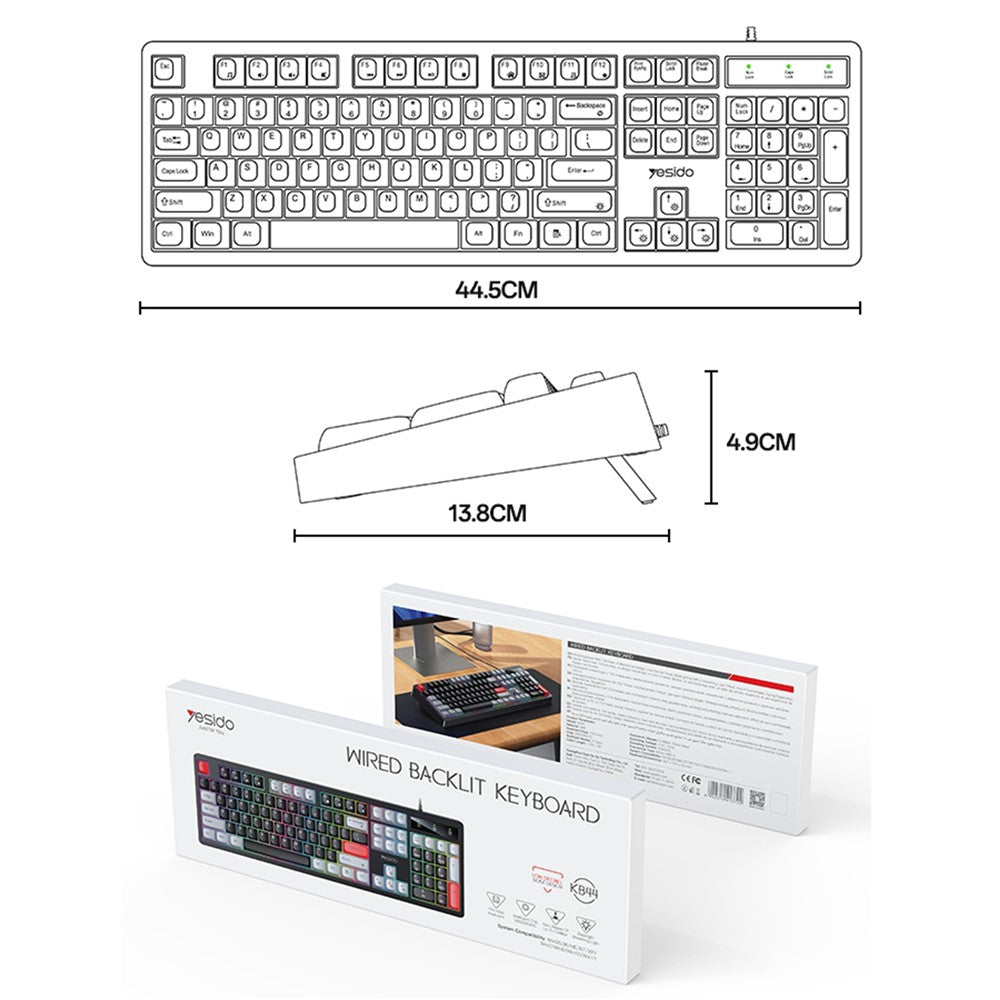 YESIDO KB44 104 Keys Wired Keyboard with RGB Backlight Low Noise Mechanical Keyboard, English Version