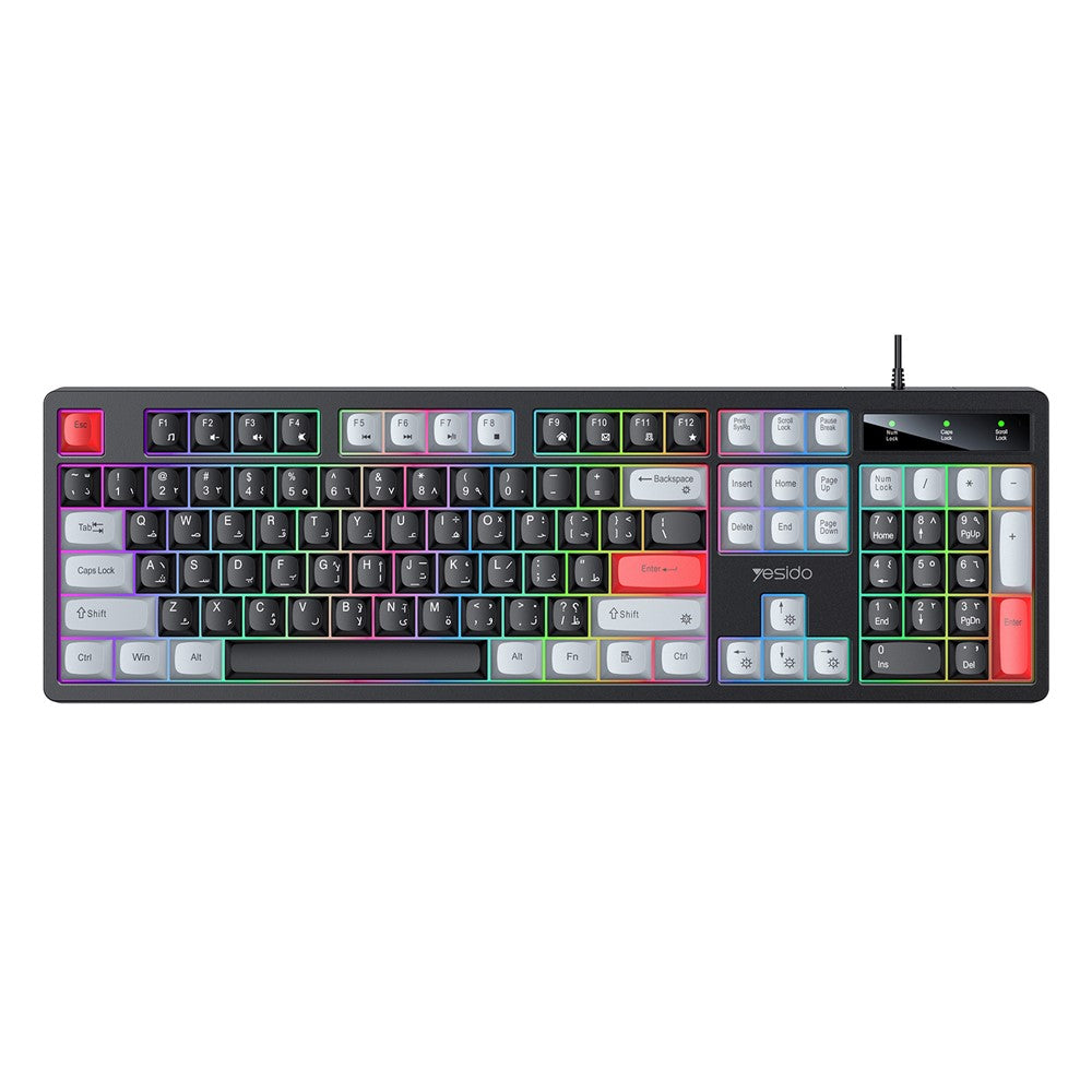 YESIDO KB44 104 Keys Wired Keyboard with RGB Backlight Low Noise Mechanical Keyboard, English + Arabic Version