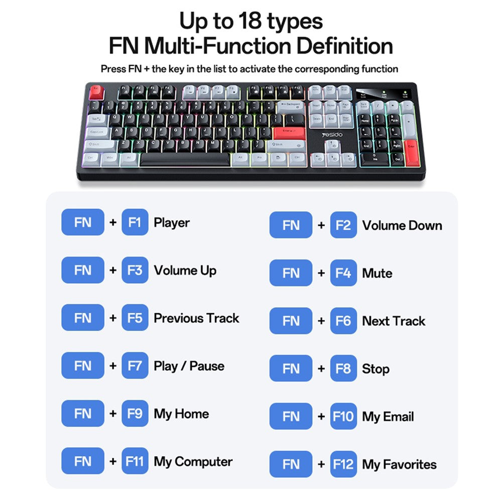 YESIDO KB44 104 Keys Wired Keyboard with RGB Backlight Low Noise Mechanical Keyboard, English + Arabic Version