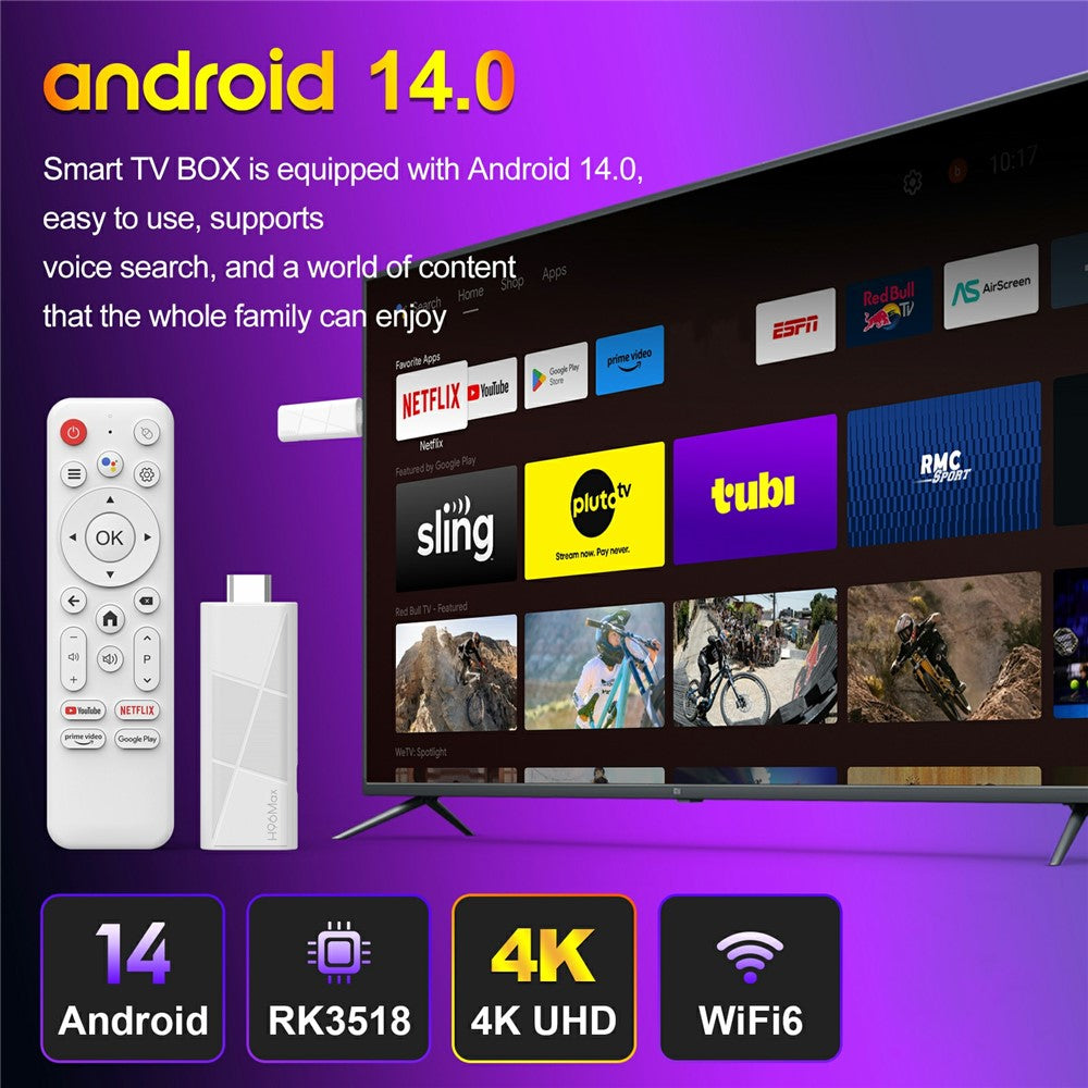 H96 MAX RK3518 2+16GB Android 14.0 TV Stick 4K Smart TV Box WiFi Bluetooth-Compatible Mini TV Stick