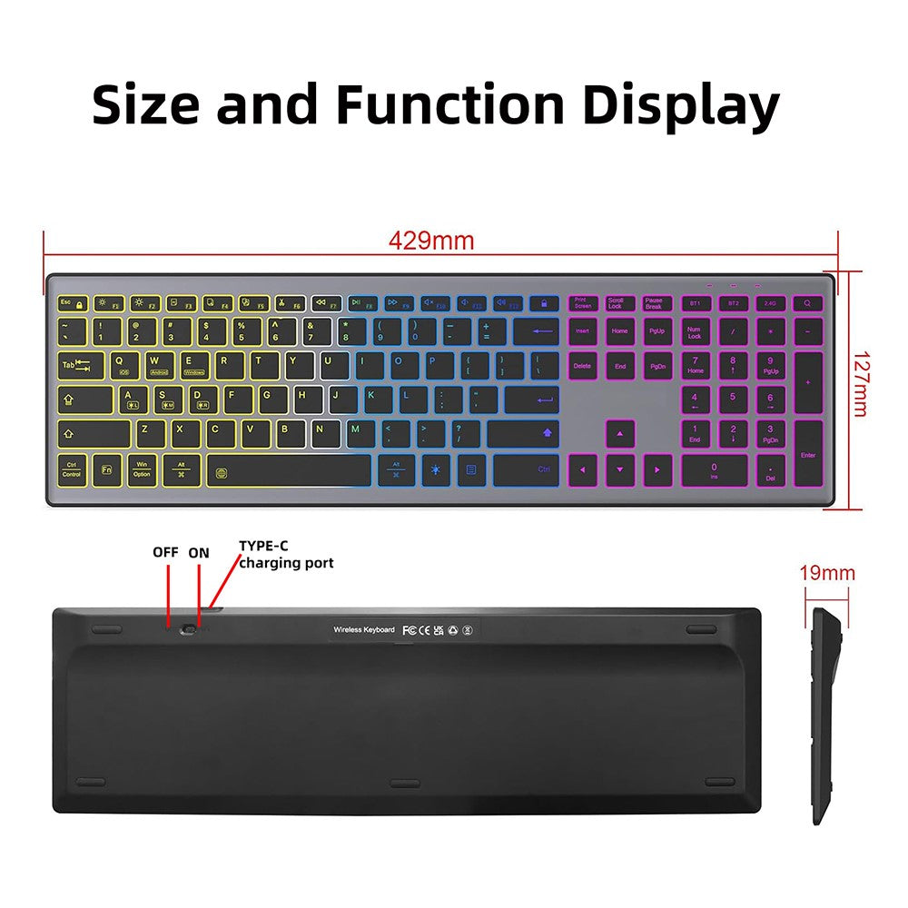 E15 Three Mode Wireless Keyboard 110 Keys RGB Backlight Mute Keyboard for Office Home Use