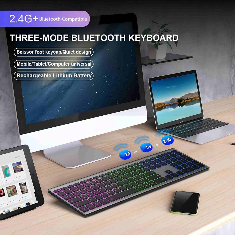 E15 Three Mode Wireless Keyboard 110 Keys RGB Backlight Mute Keyboard for Office Home Use