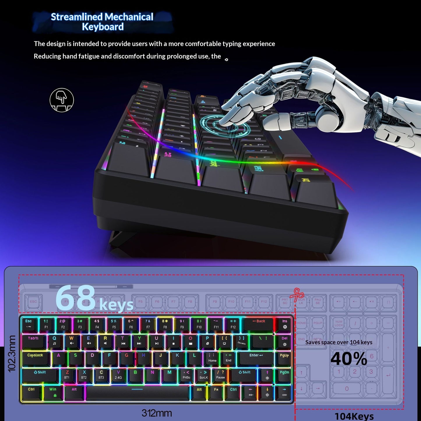 HXSJ V800 68-Key Mechanical Keyboard 2.4G Wireless/Bluetooth-compatible/Wired 3-Mode Keyboard with RGB Backlit