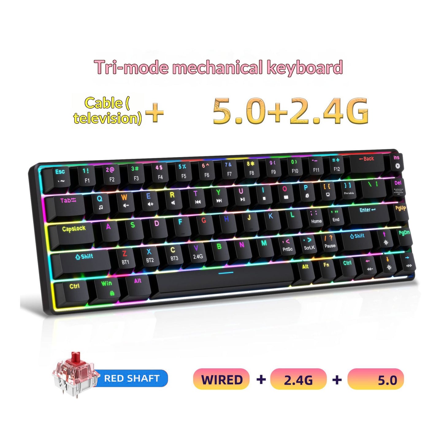 HXSJ V800 68-Key Mechanical Keyboard 2.4G Wireless/Bluetooth-compatible/Wired 3-Mode Keyboard with RGB Backlit