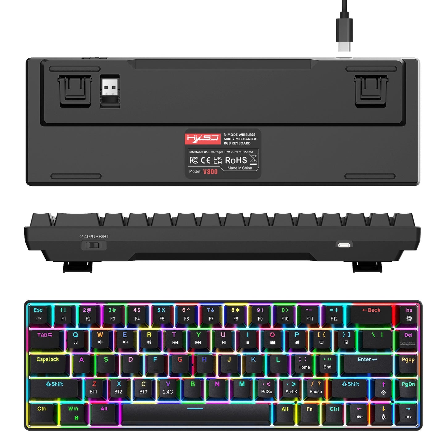 HXSJ V800 68-Key Mechanical Keyboard 2.4G Wireless/Bluetooth-compatible/Wired 3-Mode Keyboard with RGB Backlit