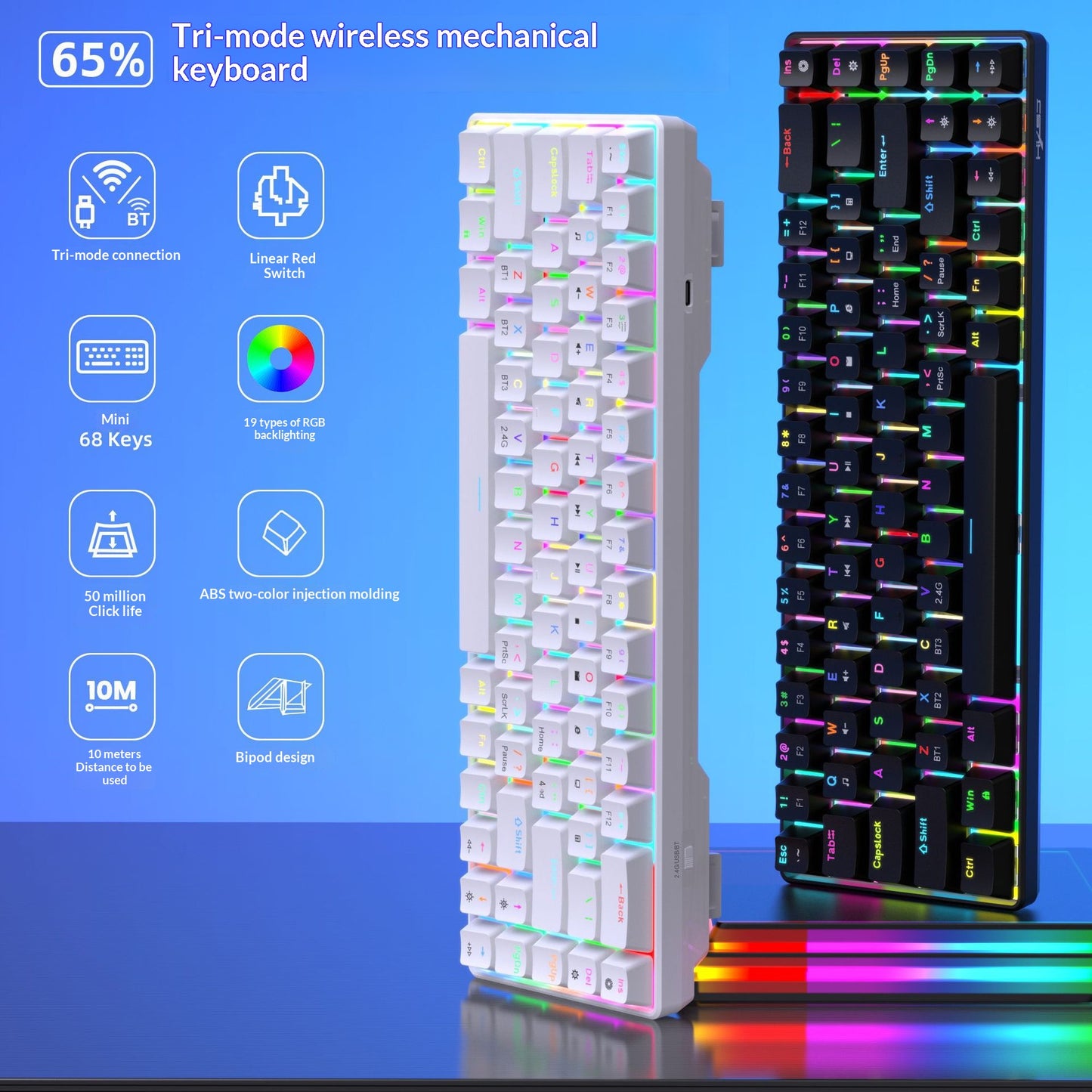 HXSJ V800 68-Key Mechanical Keyboard 2.4G Wireless/Bluetooth-compatible/Wired 3-Mode Keyboard with RGB Backlit