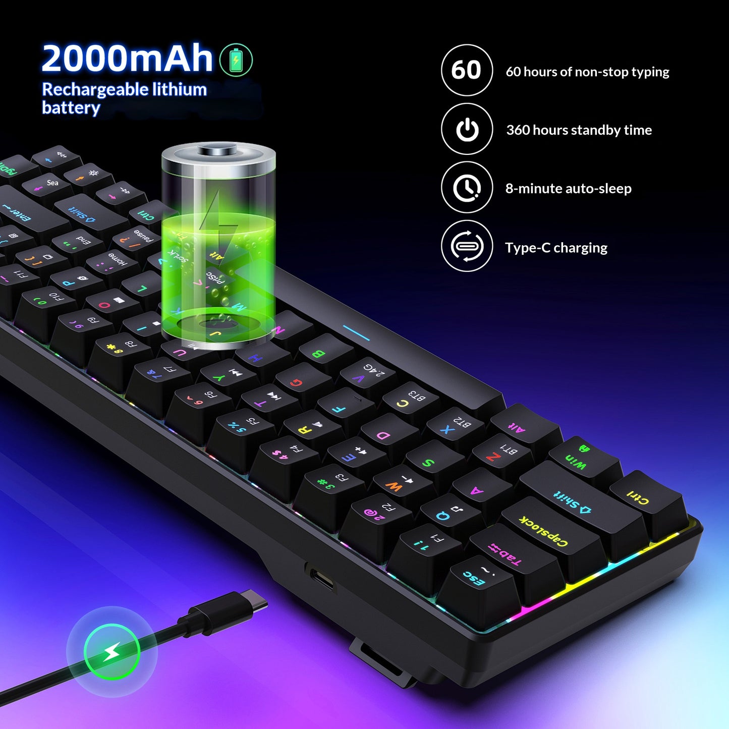 HXSJ V800 68-Key Mechanical Keyboard 2.4G Wireless/Bluetooth-compatible/Wired 3-Mode Keyboard with RGB Backlit