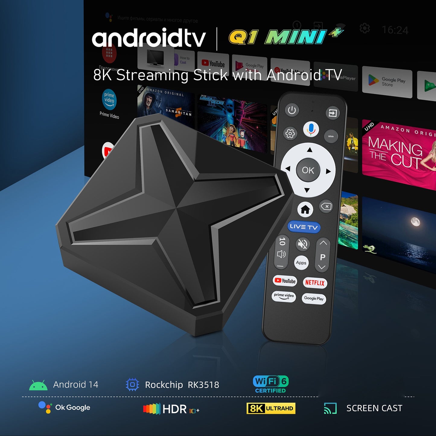 Q1MINI Android 14 TV Box RK3518 Quad Core 8K/60Hz HDR10+ WiFi 6 Bluetooth-compatible 5.4 Streaming Media Player