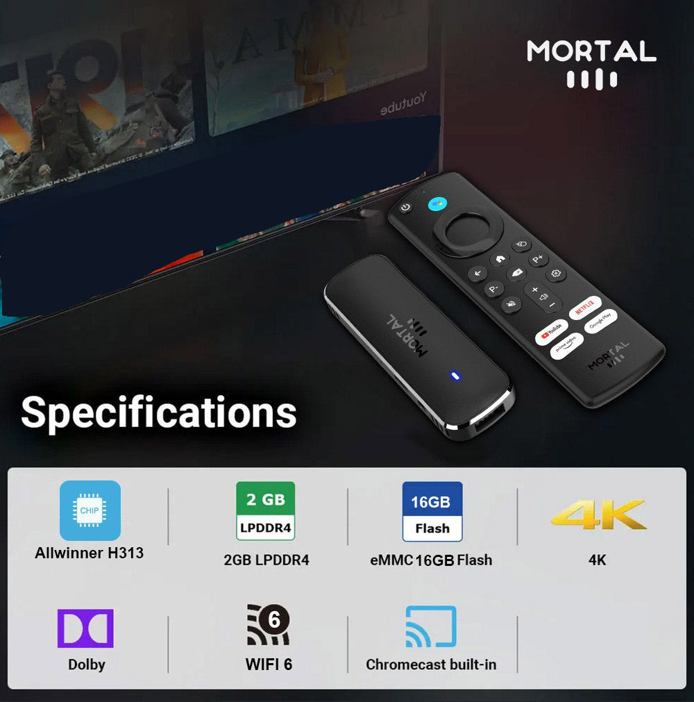 Q8 2+8GB Android 14.0 Smart TV Stick Allwinner H313 Quad Core 4K Ultra HD WiFi 6 Bluetooth-compatible Media Player with Voice Remote