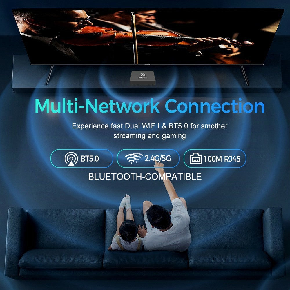 Z1 1+8GB Android 15.0 TV Box 4K Ultra HD WiFi 6 Dual Band 2.4G / 5G Bluetooth-compatible Voice Remote