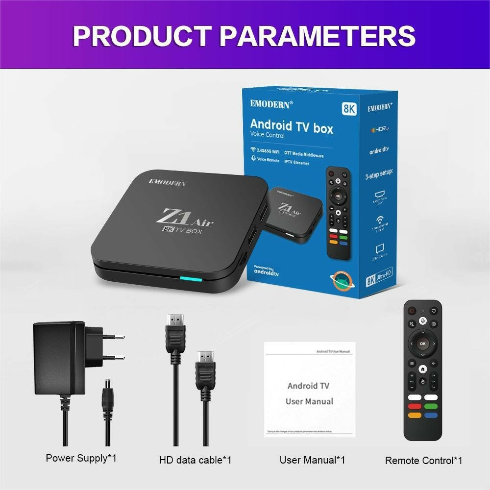 EMODERN Z1 AIR 2+8GB Android 15.0 TV Box 8K Ultra HD 2.4G  /  5G WiFi Bluetooth-compatible Voice Remote