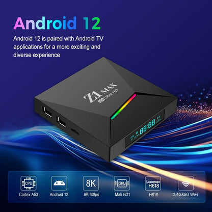 Z1 MAX 2+16GB Android 15.0 TV Box 8K Ultra HD Dual Band WiFi 6 2.4G / 5G Bluetooth-compatible Voice Remote for Home Entertainment