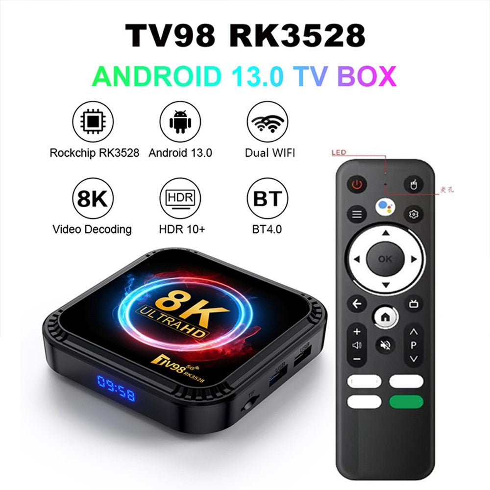 TV98 RK3528 2+16GB Android TV Box 8K HDR10+ Dual WiFi LED Display Media Player for Home Entertainment