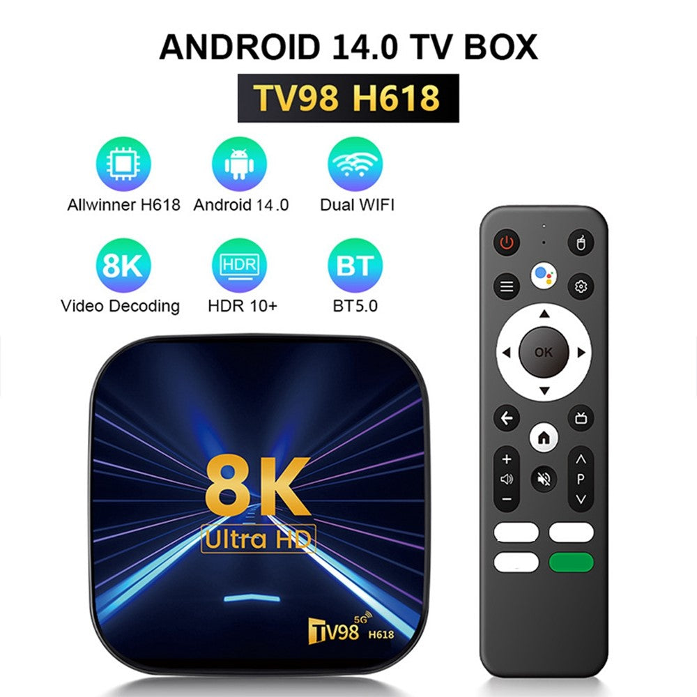 TV98 H618 4+32GB Android 14.0 TV Box 8K Ultra HD Dual Band WiFi Streaming Media Player for Home Entertainment